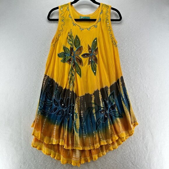 Sunflower Dress FS Tank Mini Floral Embroidered Tie Dye Crinkled Gauze Yellow - Picture 1 of 11